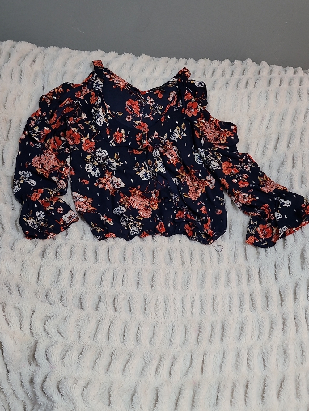 Moa Moa Navy Floral Cold-Shoulder Blouse with Red Accents